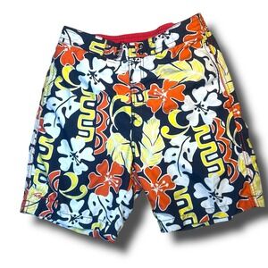 Reyn Spooner‎ S Tiki Swim Trunk Orange Blue Floral Pockets Beach Surf Men Shorts
